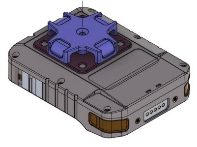 Grijs elektronisch apparaat met blauwe connector bovenop en zijstekkers.