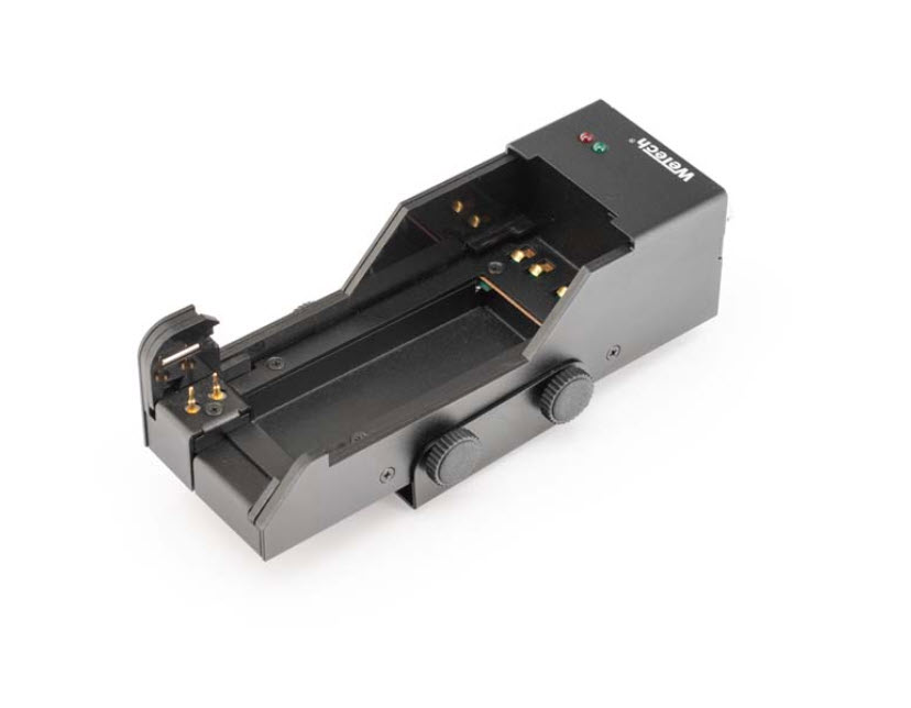 Black-gray optical fiber holder with two adjustment knobs.