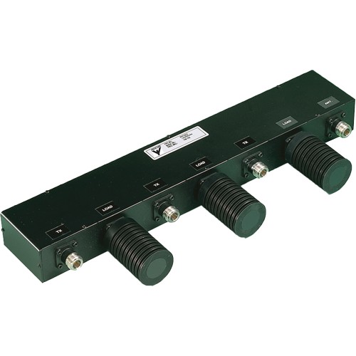 Black electrical splitter with four connectors and labels.