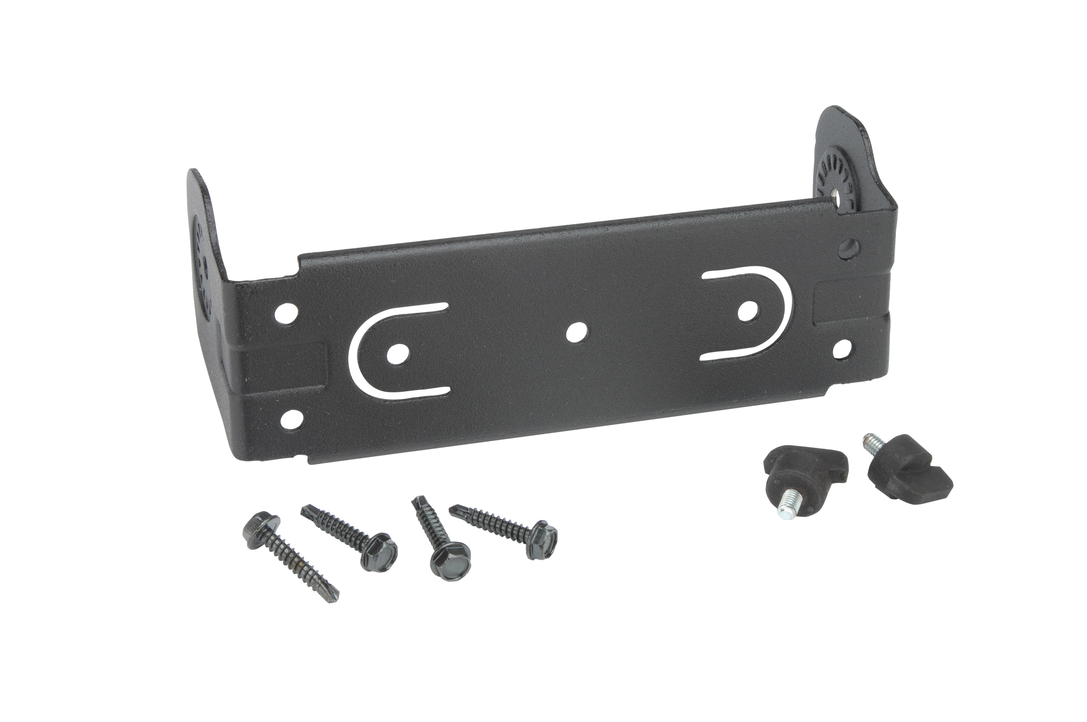 Zwarte beugel met vijf schroeven en twee bevestigingselementen.