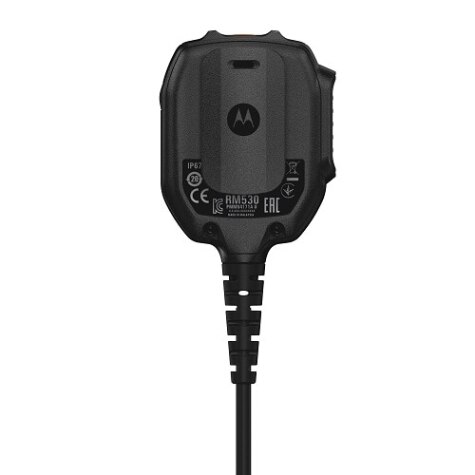 Zwart apparaat met ronde bovenkant, verbonden met kabel, met Motorola-logo en technische specificaties.