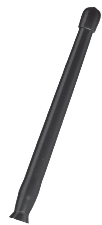 Zwarte plastic antenne met brede basis en afgeronde punt.