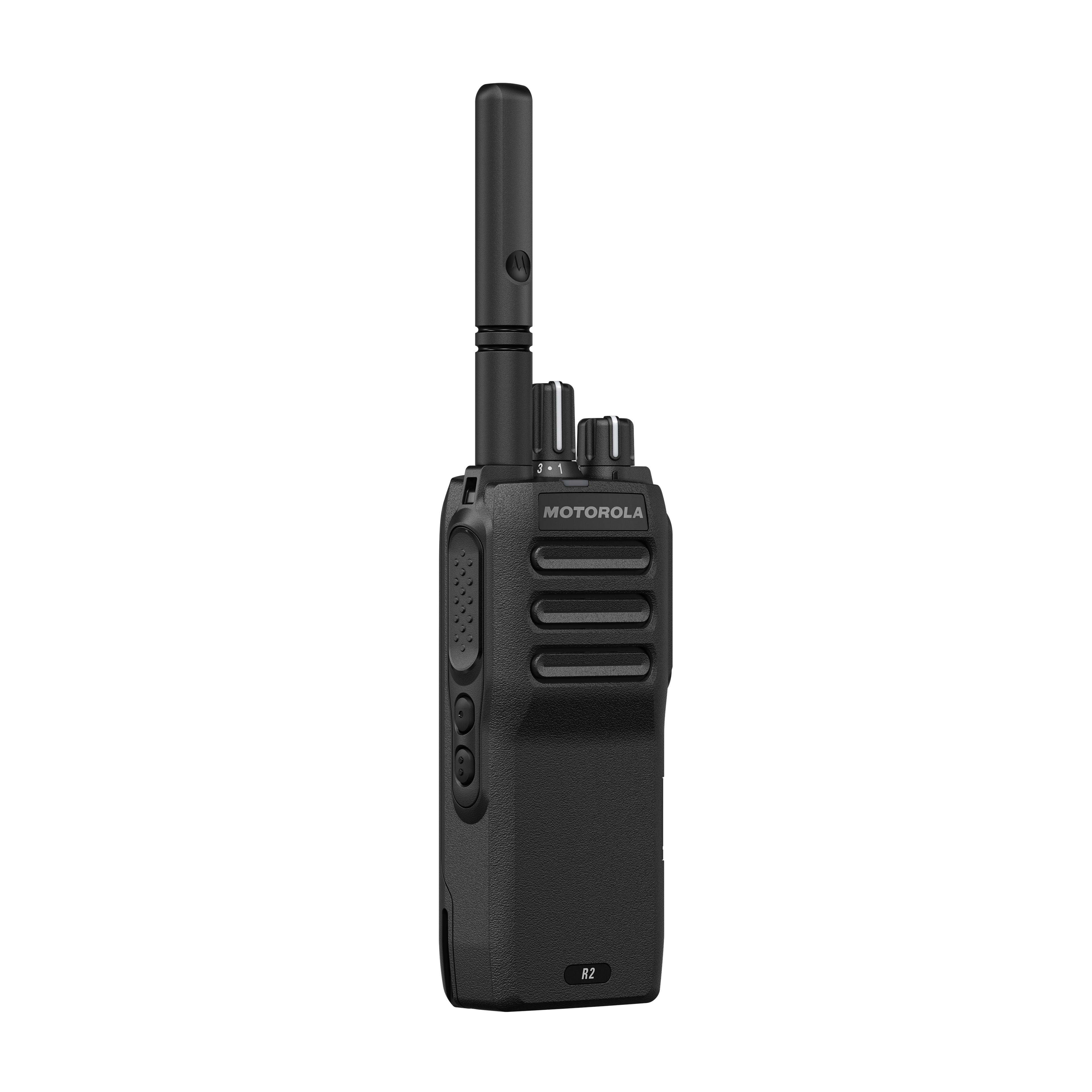 Black walkie-talkie with antenna and control buttons on the side.