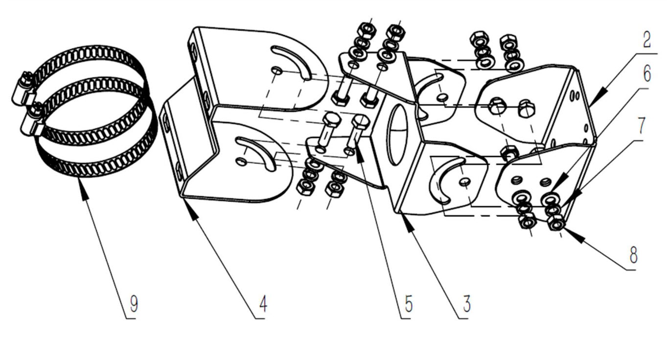 Exploded view van een buisklem met genummerde onderdelen.