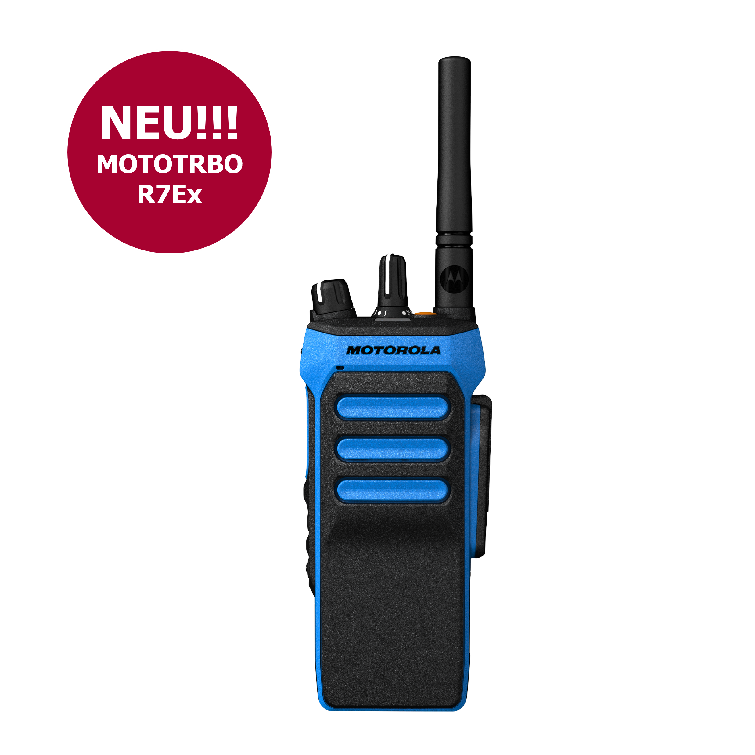 Blauwe portofoon met ronde rode label: Nieuw! MOTOTRBO R7Ex.