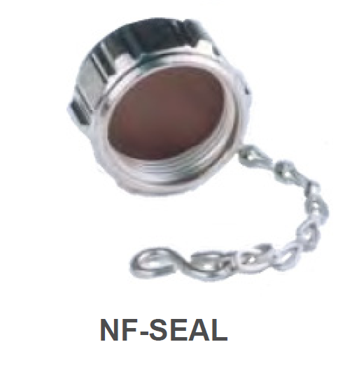 Metalen dop met ketting, label NF-SEAL.