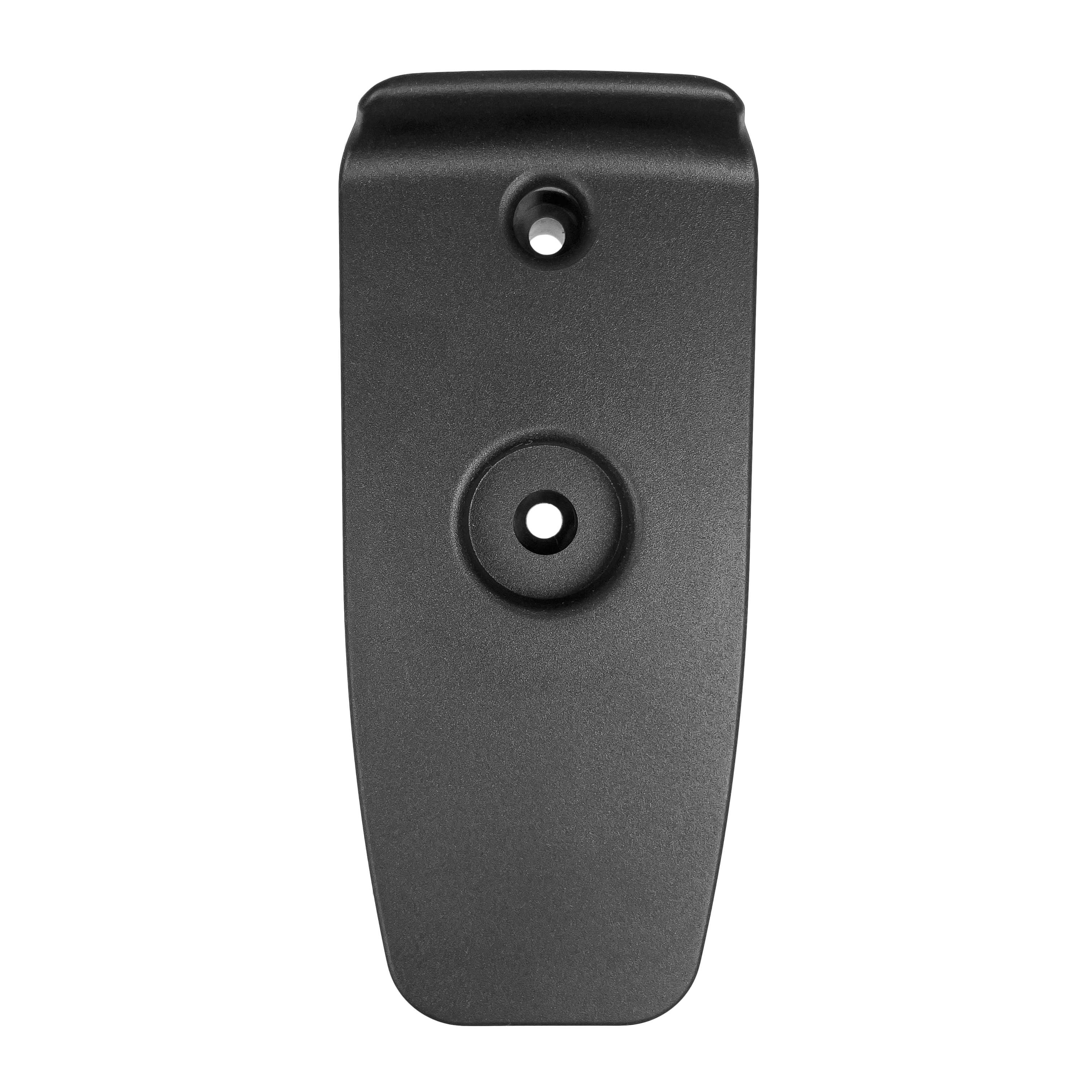 Black plastic bracket with two screw holes.