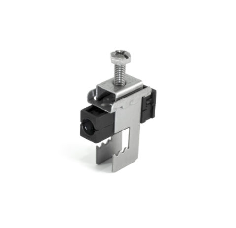 Metal and plastic cable clamp with screw mechanism.