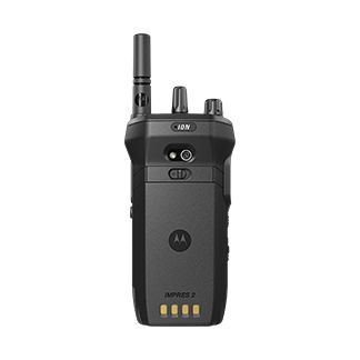 Black-gray radio with antenna, buttons, and ports, vertically oriented.