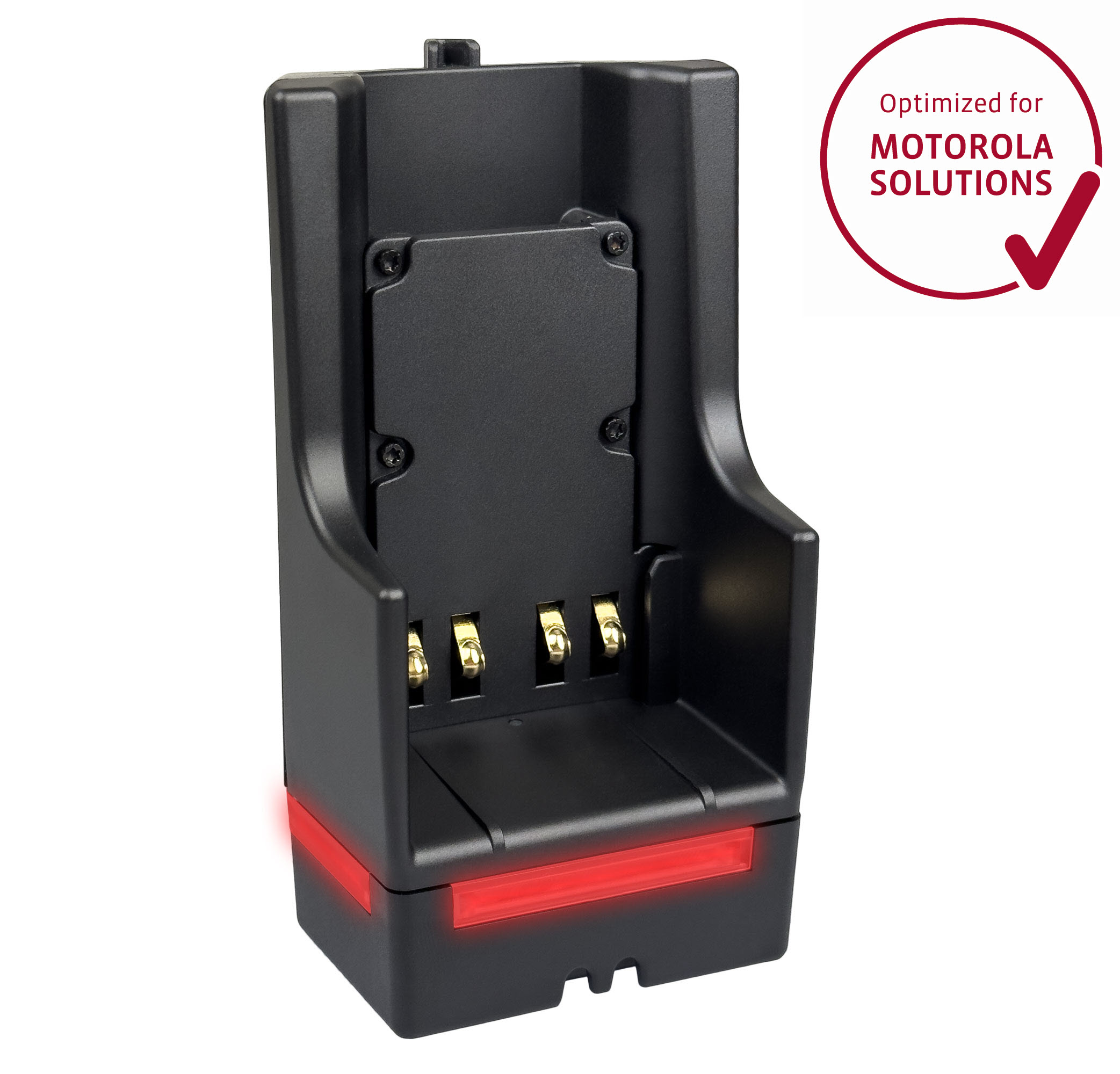 Station de charge noire avec élément lumineux rouge, optimisée pour Motorola Solutions.