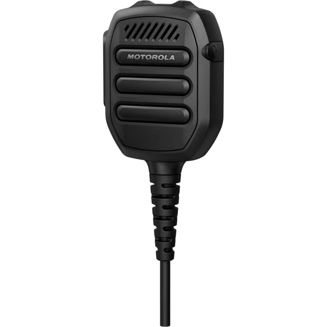 Zwart microfoon met kabel en drie knoppen.
