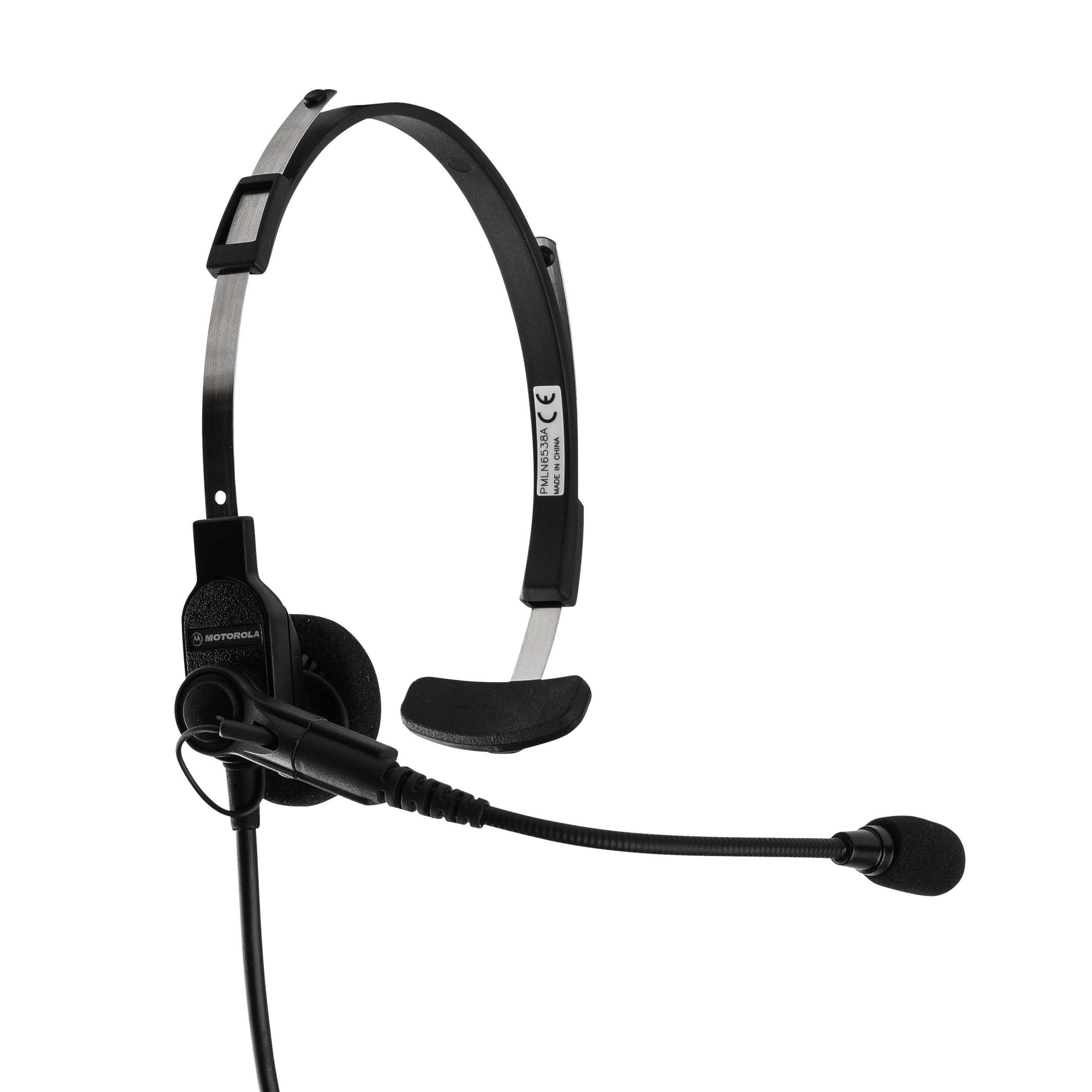 Casque noir avec micro, arceau flexible et coussinet.