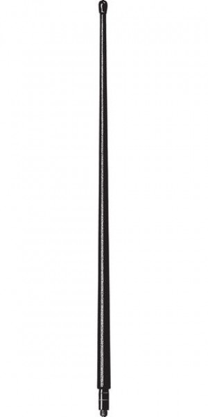 Antenne bâton noire avec embout rond et connexion filetée en bas.