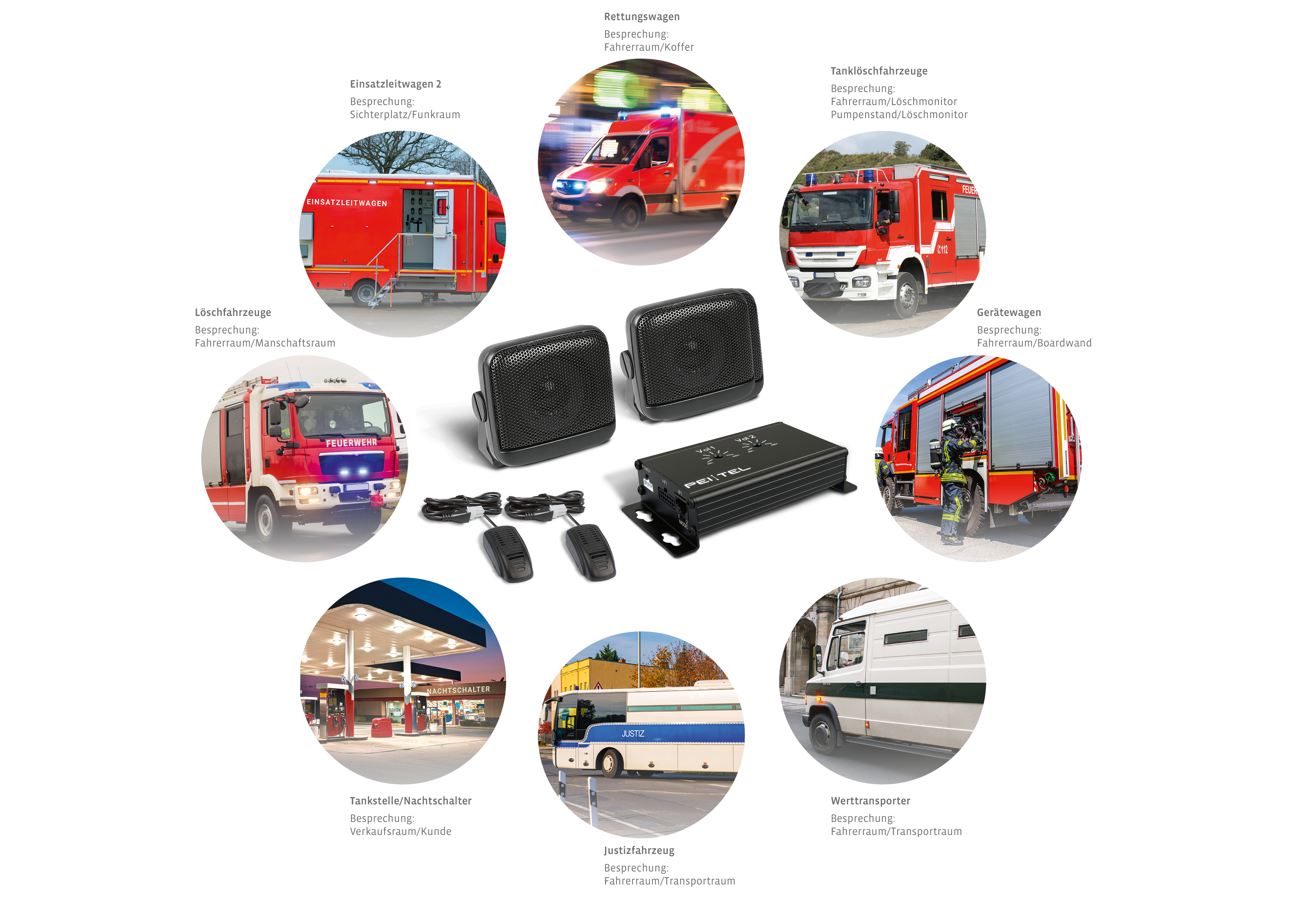 Diverse noodvoertuigen en apparatuur in een cirkel rond luidsprekersysteem gerangschikt.