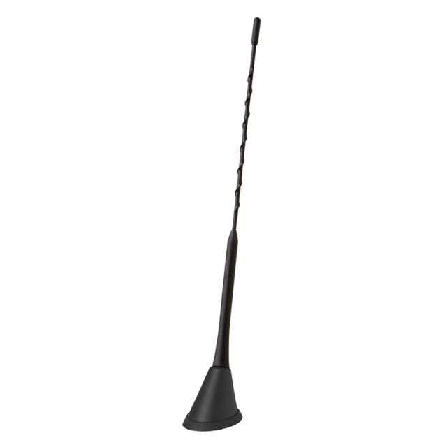 Black car antenna with spiral rod, flexible tip.