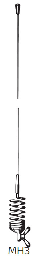 Tweedelige metalen antenne met basis, spoel en puntbevestiging.