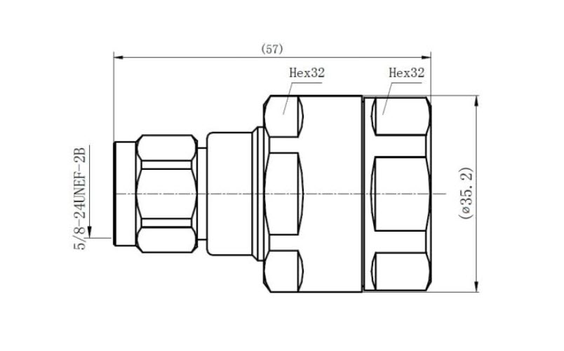 Technische tekening van een connector met hex- en meetdetails.