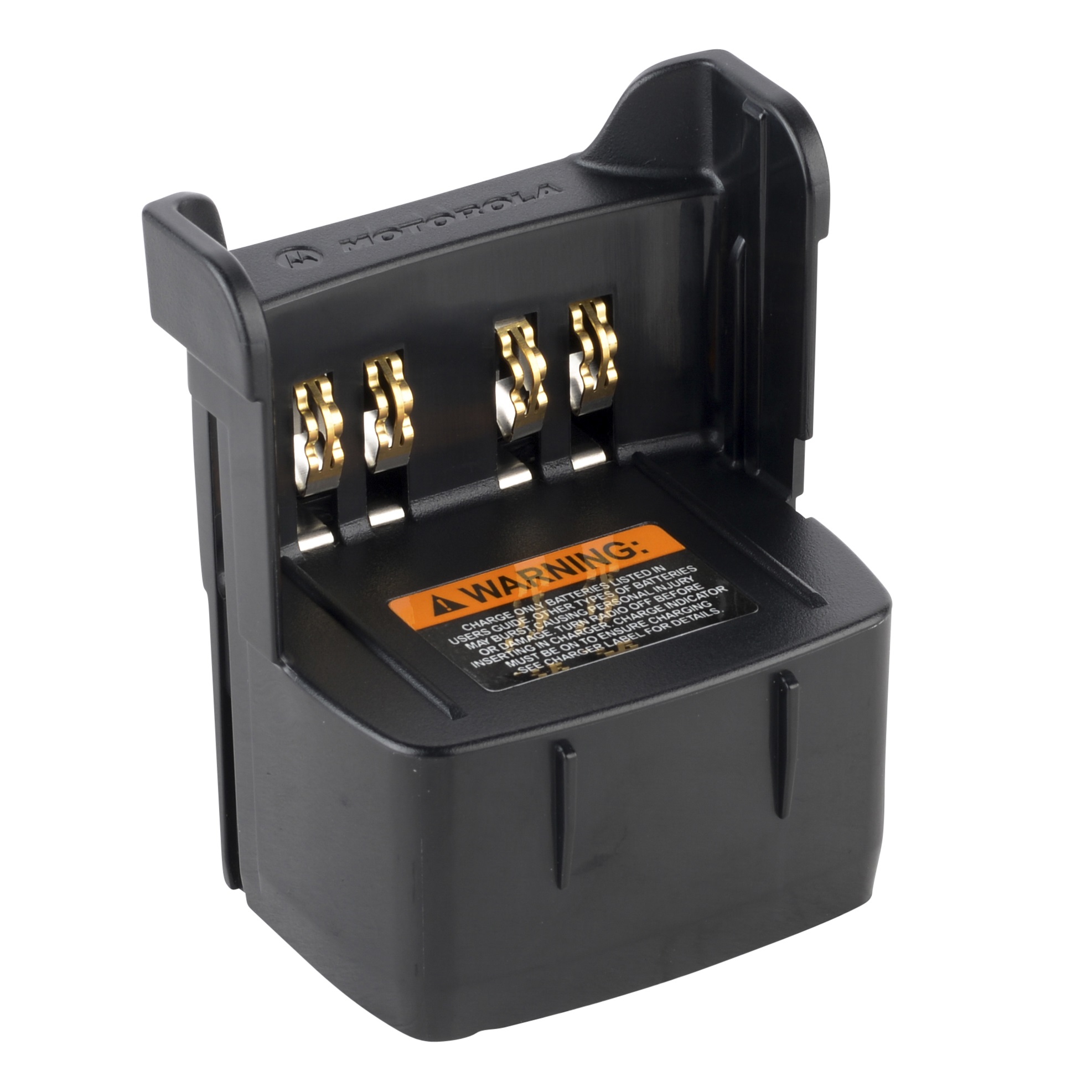 Chargeur noir avec trois contacts dorés et étiquette d'avertissement dessus.