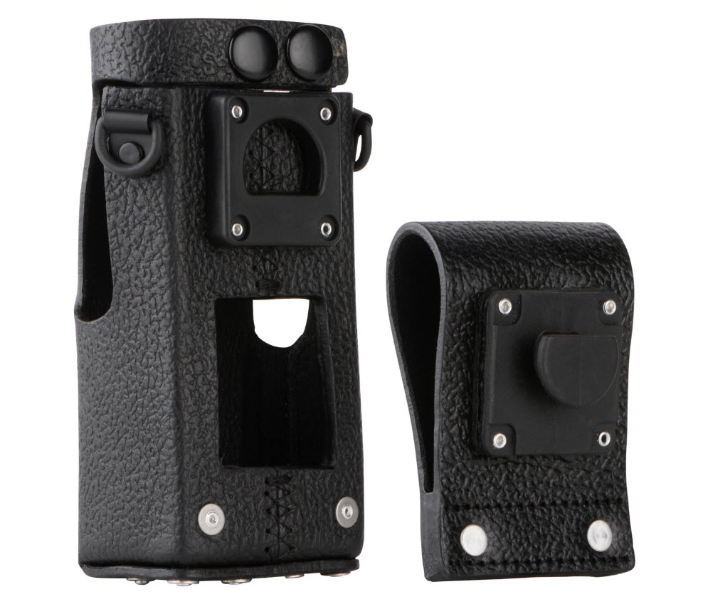 Black plastic protective case and holder for portable device.