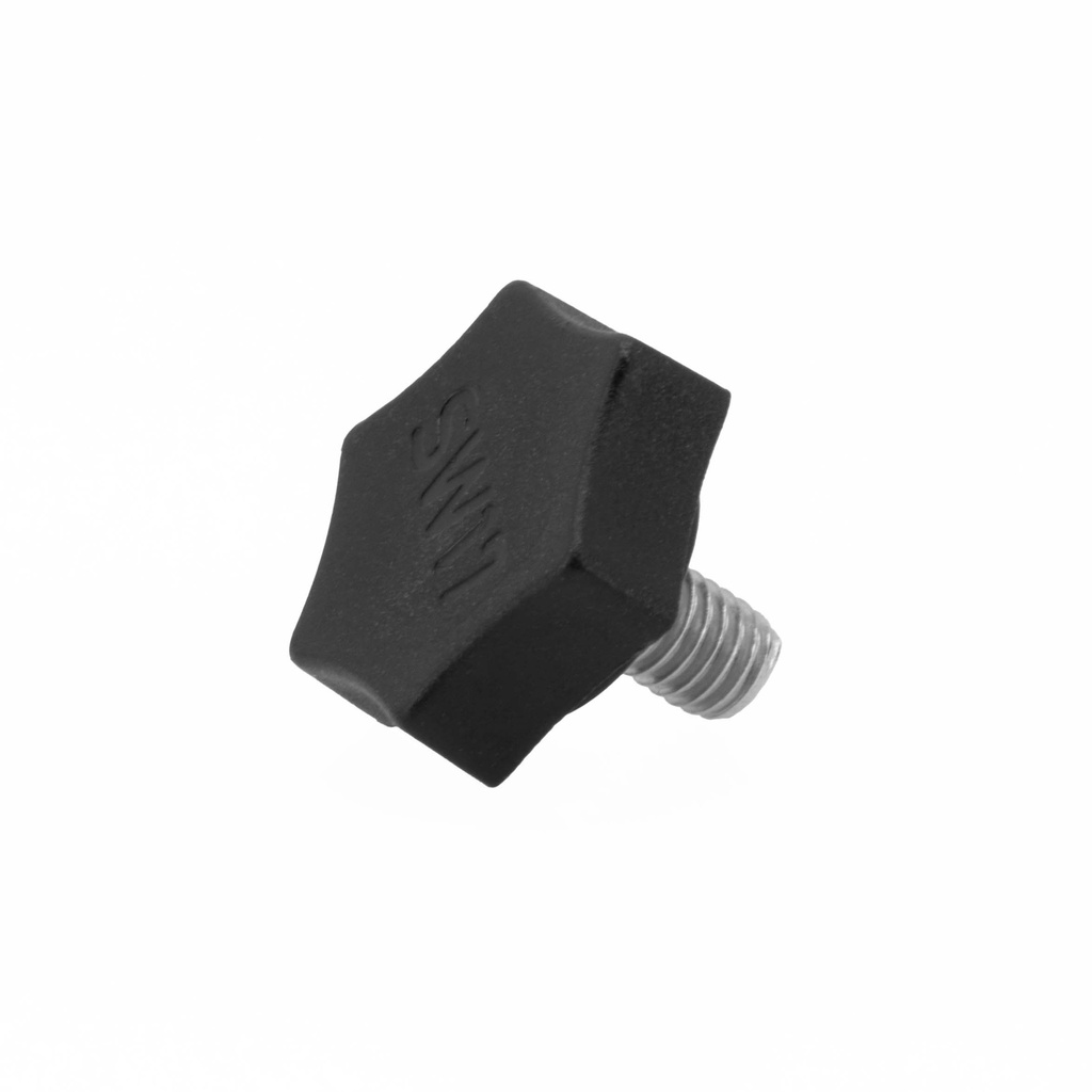 Zwarte plastic knop met schroefdraad.