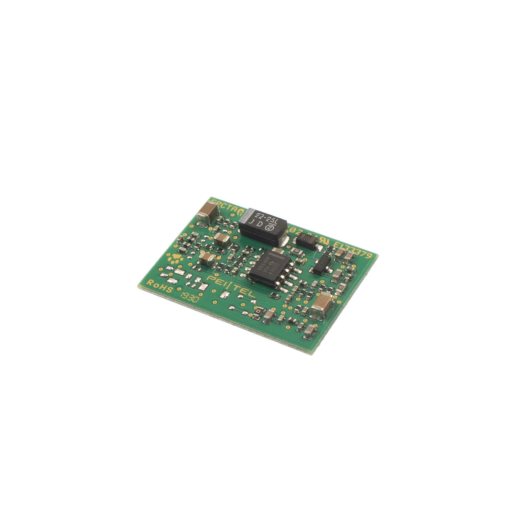 Green circuit board with electronic components and text.