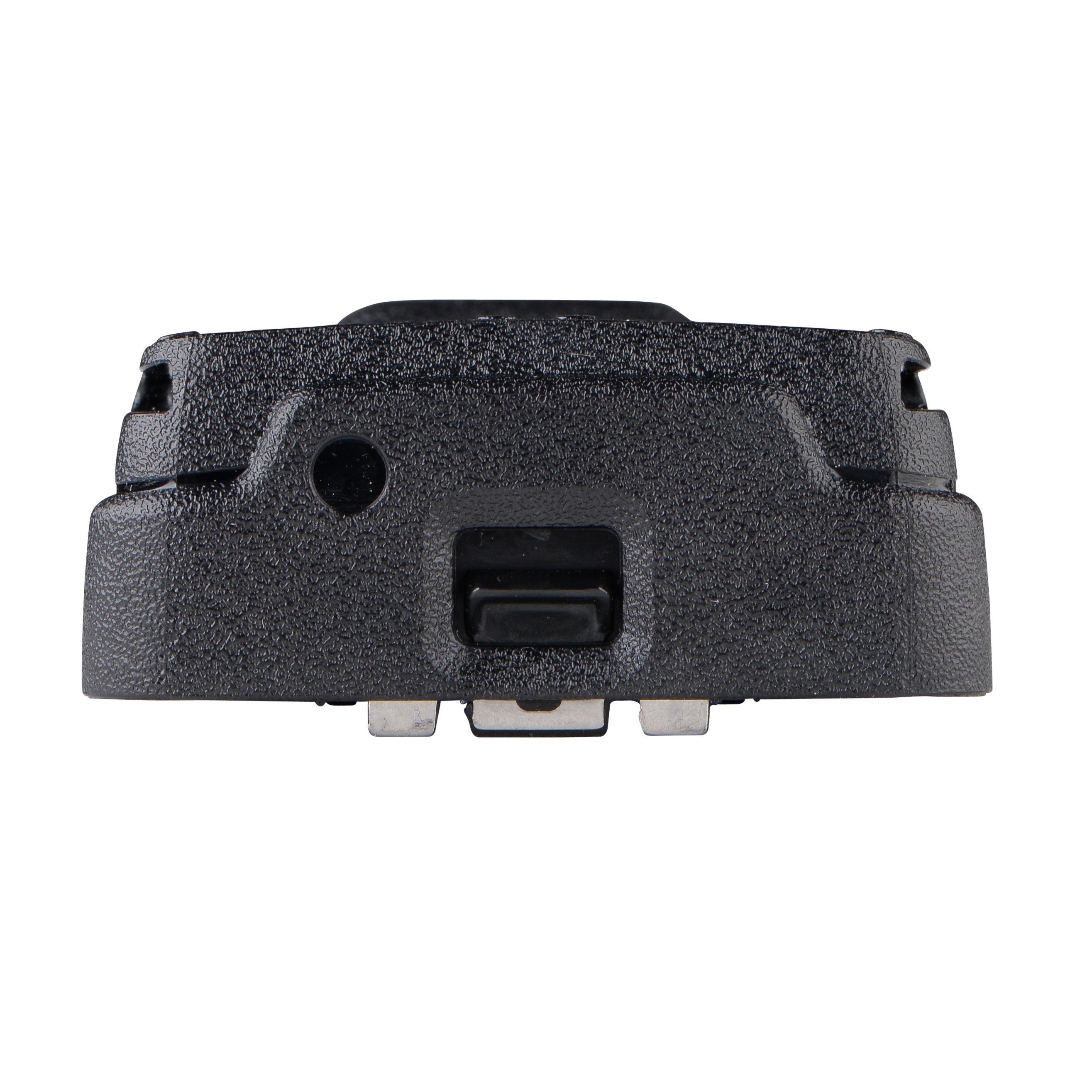 Pièce en plastique noir avec bouton et connecteurs métalliques dessous.