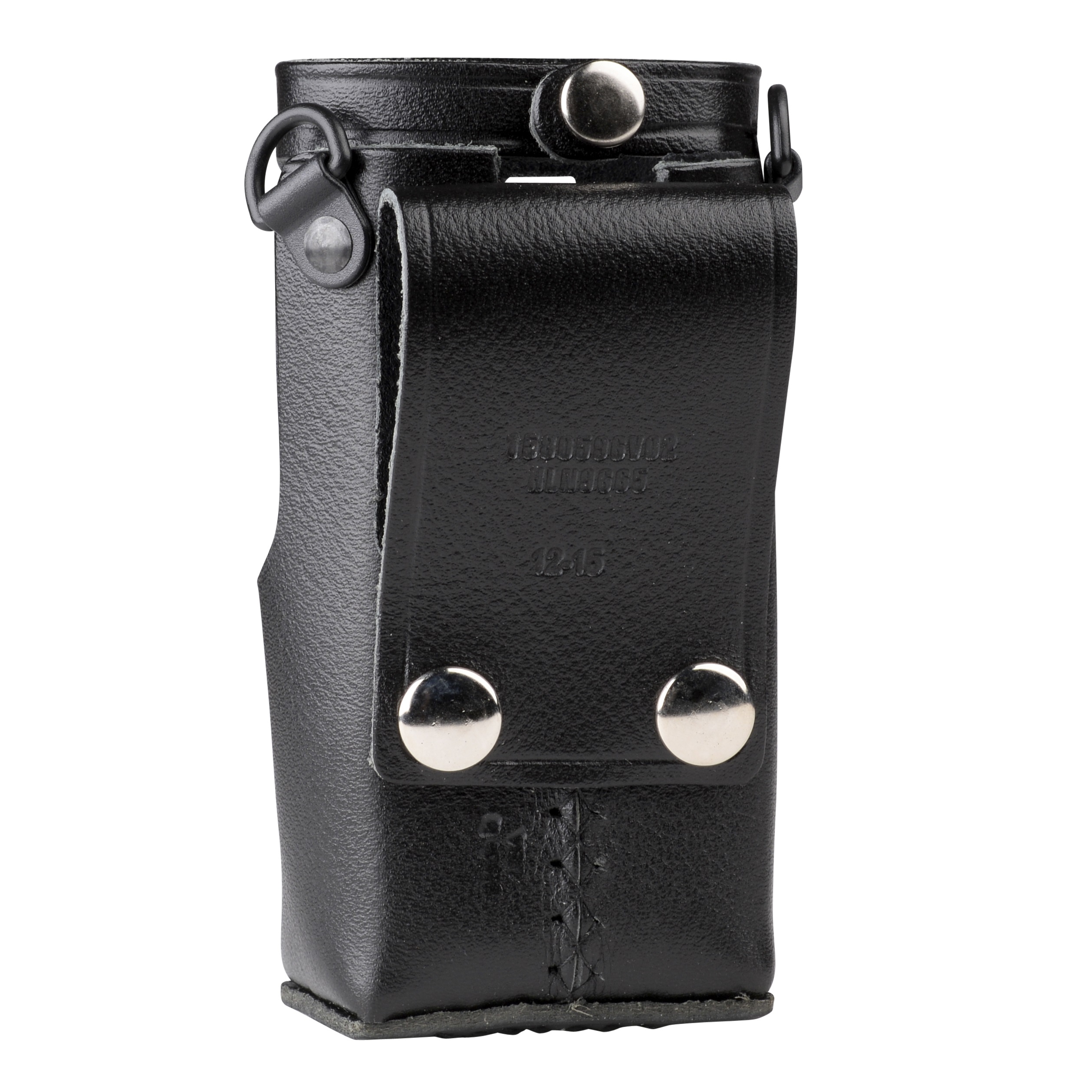 Black leather pouch with two silver snap buttons and stitching.