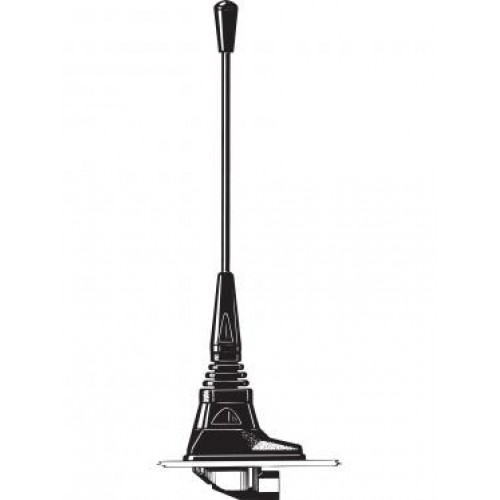 Zwart-witte afbeelding van een autoantenne op een metalen houder.