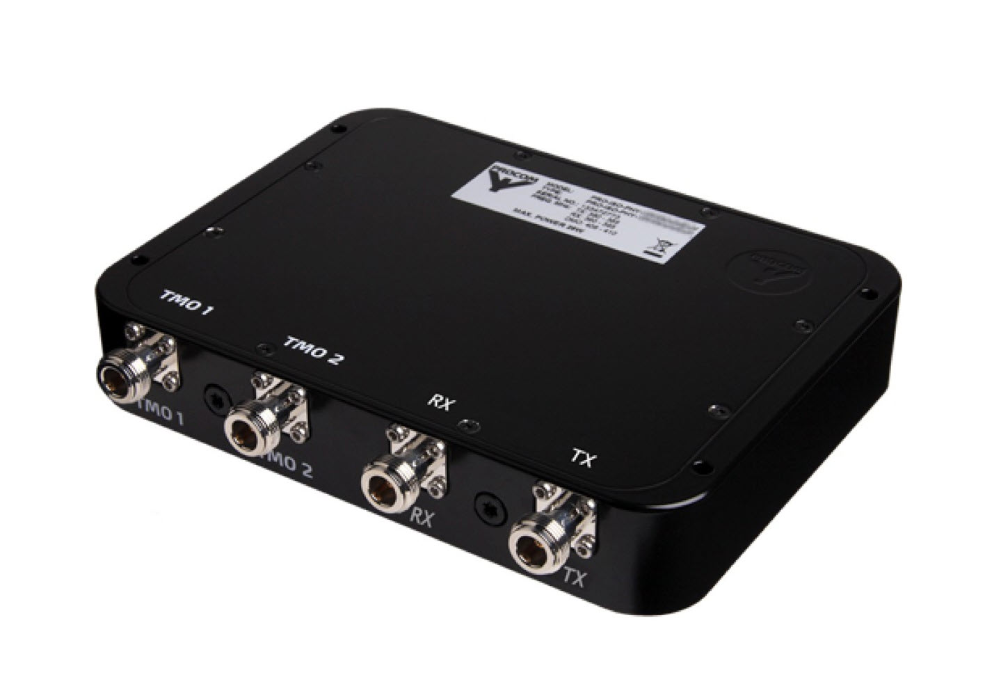 Appareil noir avec connecteurs TMO1, TMO2, RX, TX; étiquette de type avec spécifications.