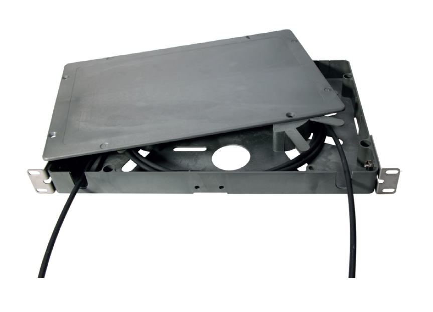 Metal enclosure with lid and cables protruding.