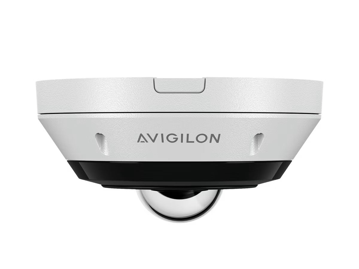 Round, white security camera with Avigilon logo.