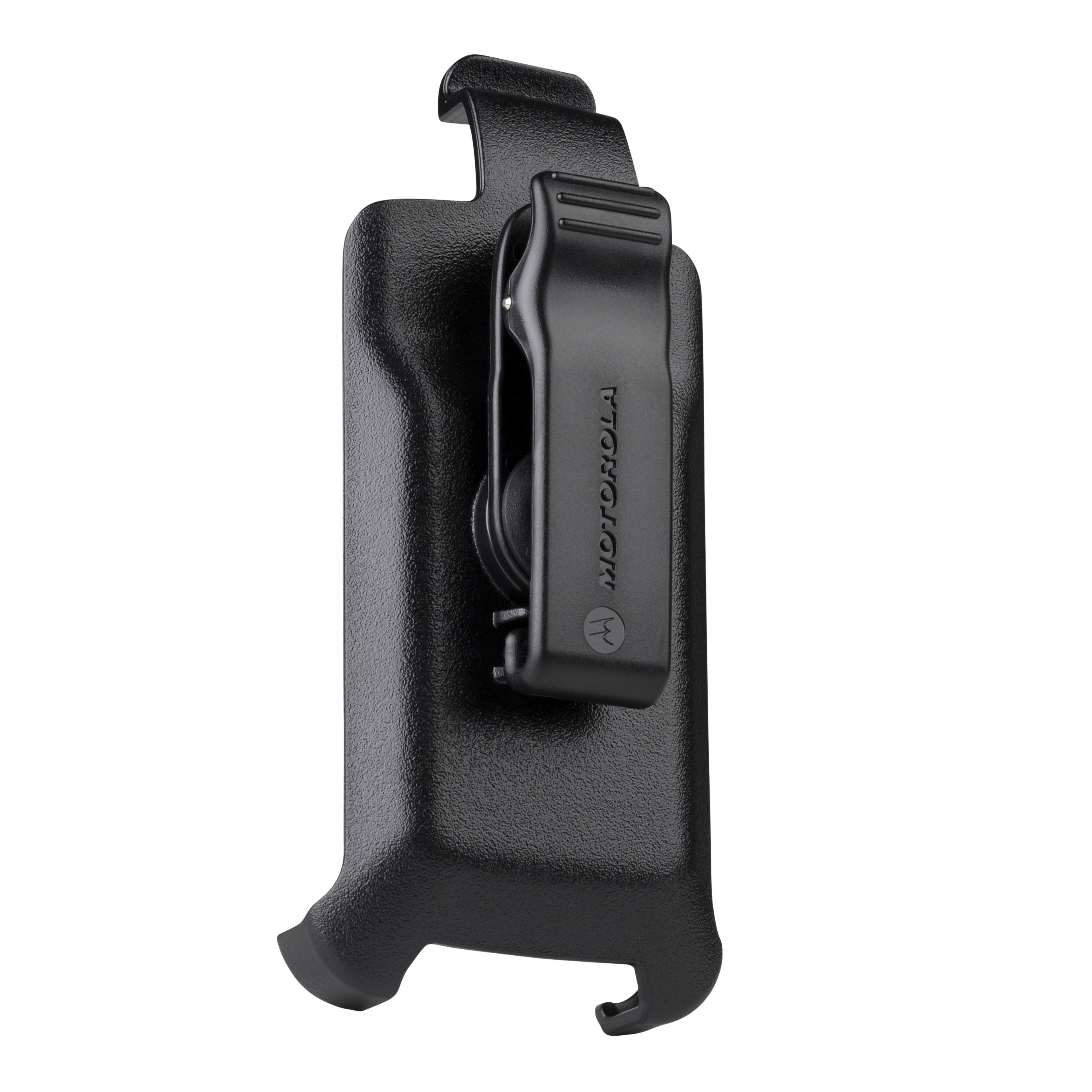 Zwarte riemclip voor draagbaar apparaat met Motorola-logo.