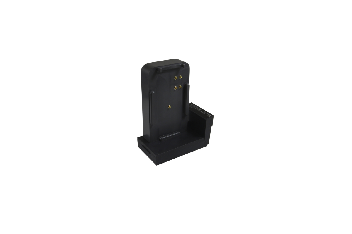 Zwart laadstation met gouden connectoren.