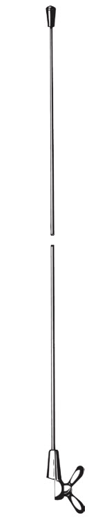 Longue tige métallique fine avec embout et poignée aux extrémités.