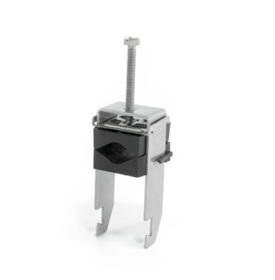 Metal hook clamp with screw, used for securing items.