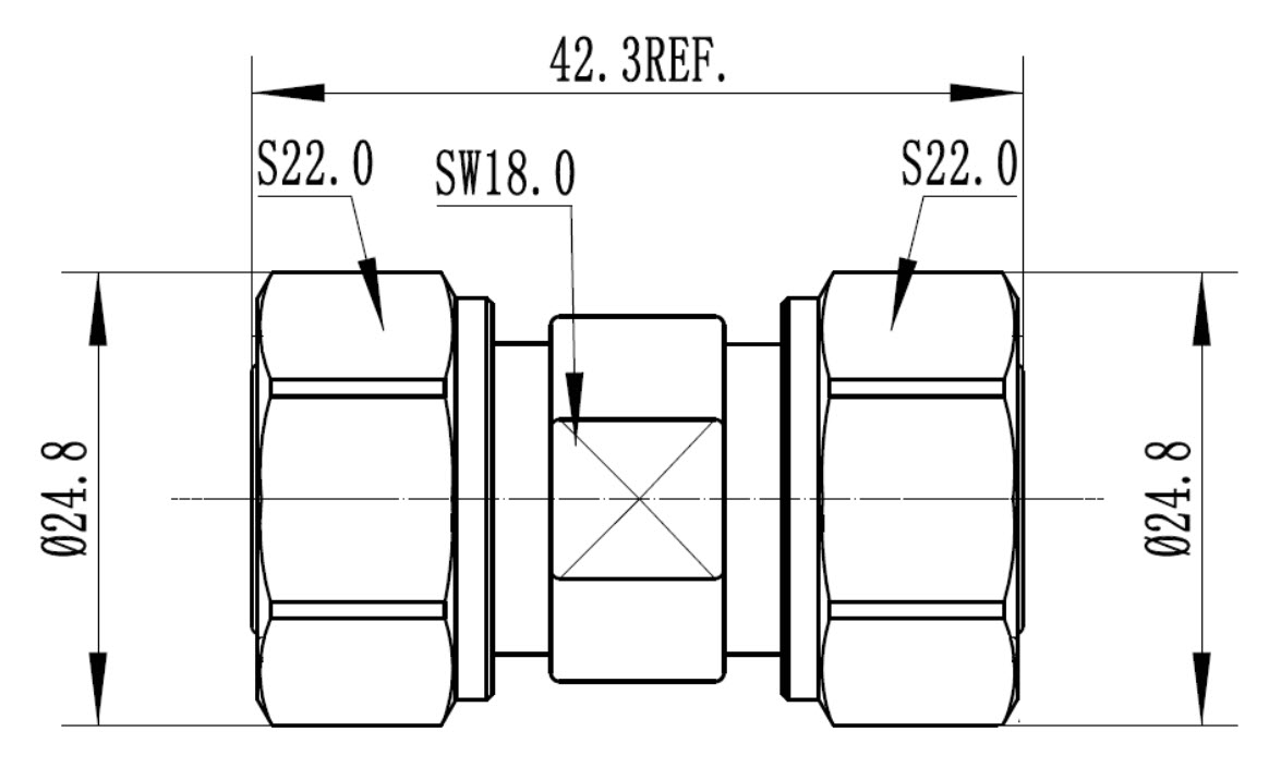 Technische tekening van een pijpkoppeling, afmetingen: lengte 42,3, diameter 24,8, sleutelmaat 18.