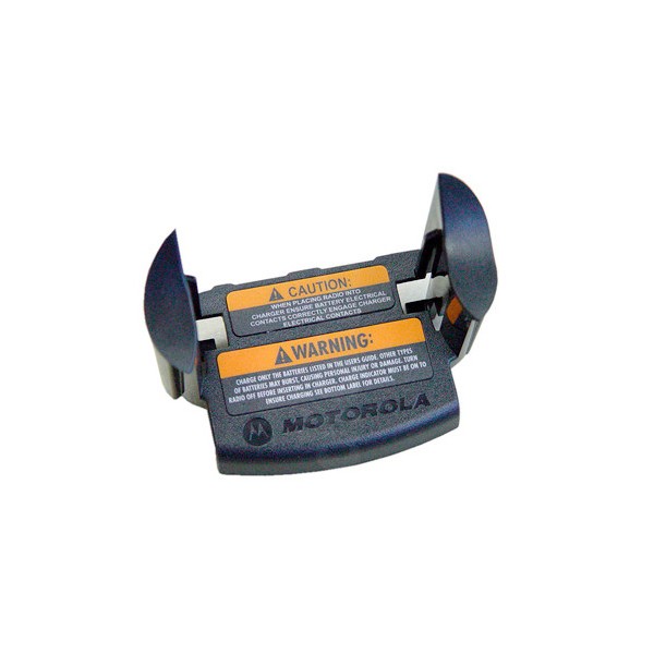 Black-grey charger with caution labels in yellow and orange.