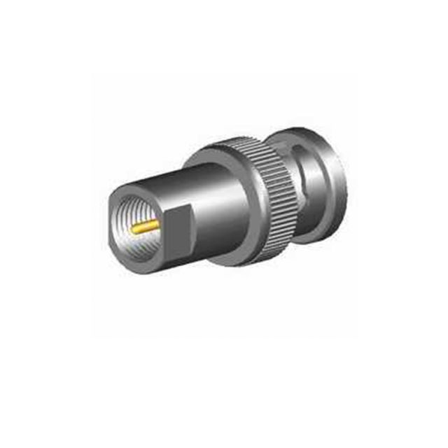 Metal F to BNC adapter, cylindrical with threads and central pin.