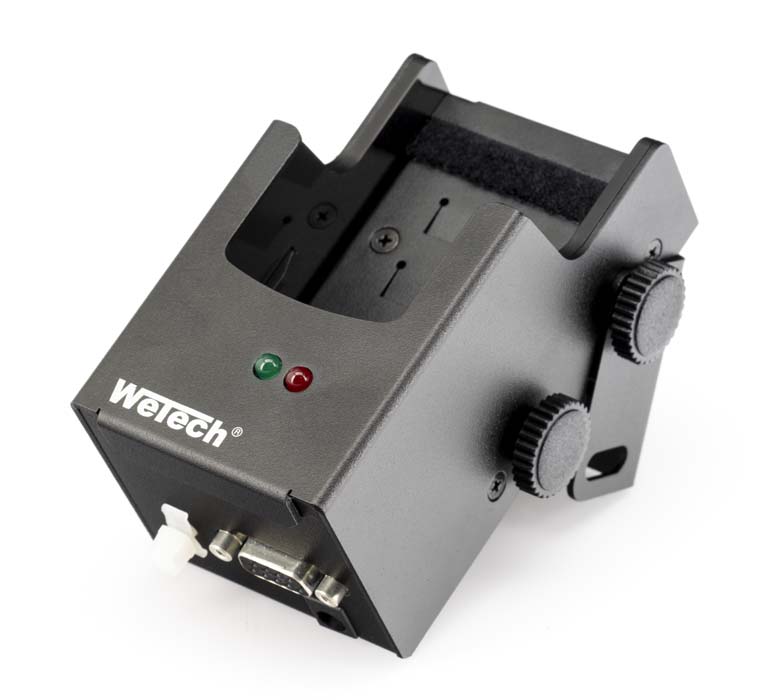Zwarte apparaathouder met twee knoppen en LED-indicatoren voor WeTech.