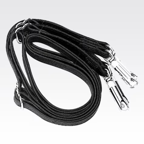 Black bungee safety strap with silver metal hooks.