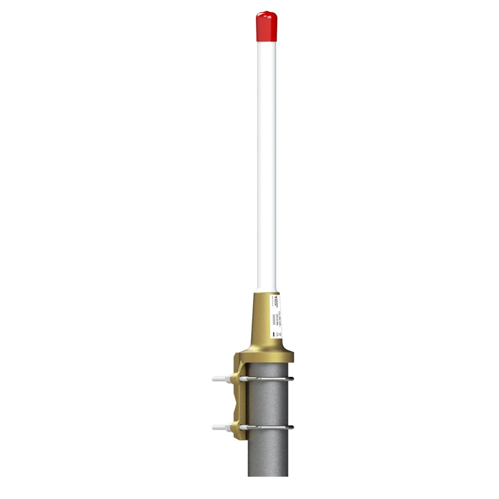 White antenna with red tip, mounted on a silver pole.