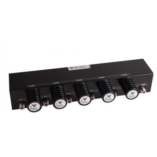 RF-splitter met vijf uitgangen, zwart, met labels Load en ANT.