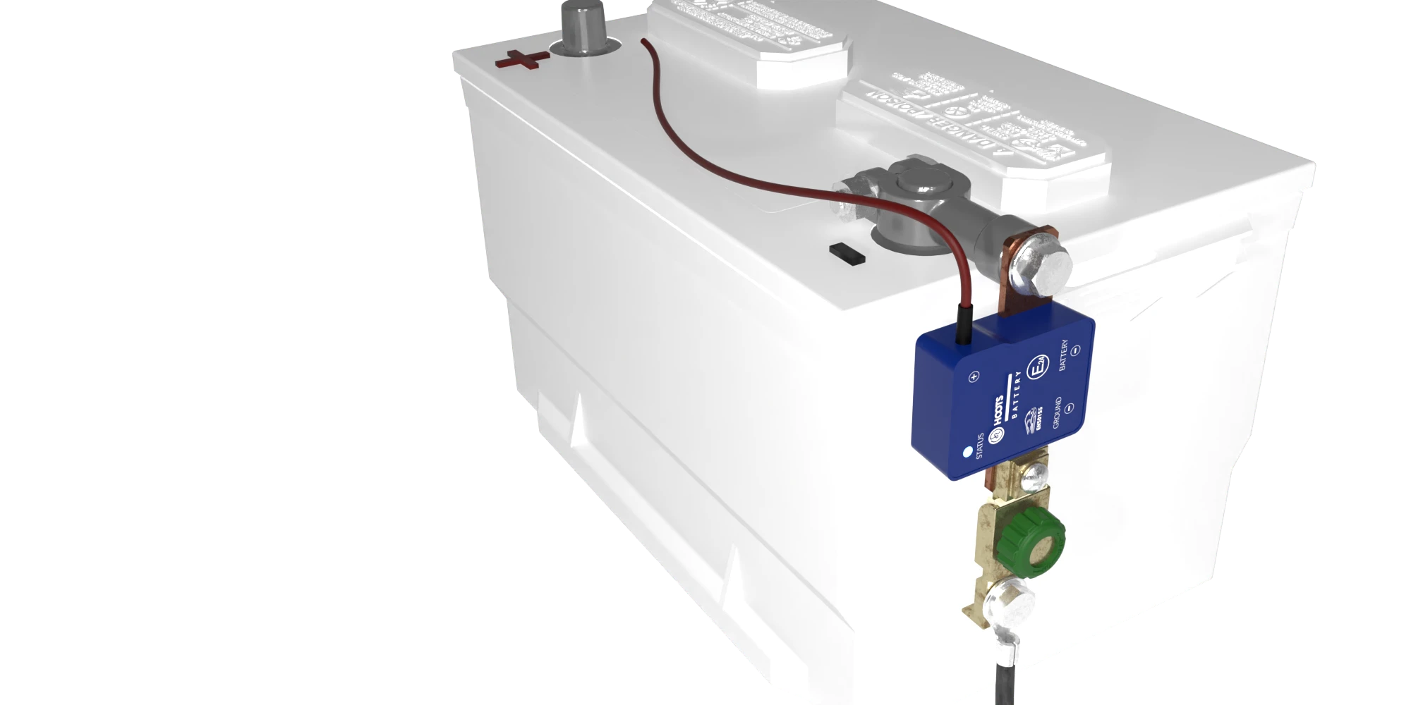 01_6710_00200071_HOO_04.png Witte autobatterij met blauwe terminalkap en kabel.