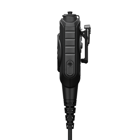 Black portable communication unit with clip and cable, side view.