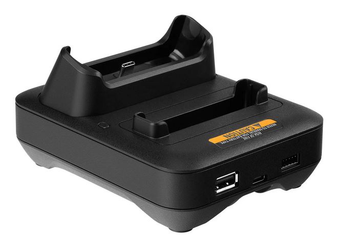 Zwarte dockingstation met USB-poort voor mobiele apparaten.
