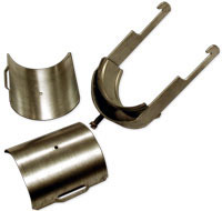 Three metal parts, one curved, two with hooks, on white background.