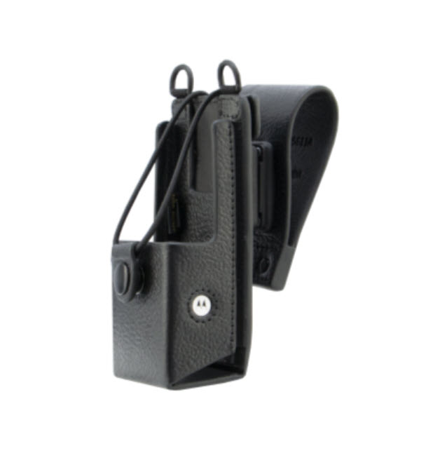 Zwart leren holster met riemclip en gesp.