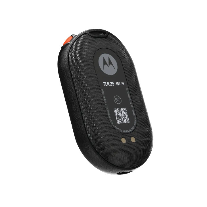 Portable two-way radio, black cover, brand logo visible.