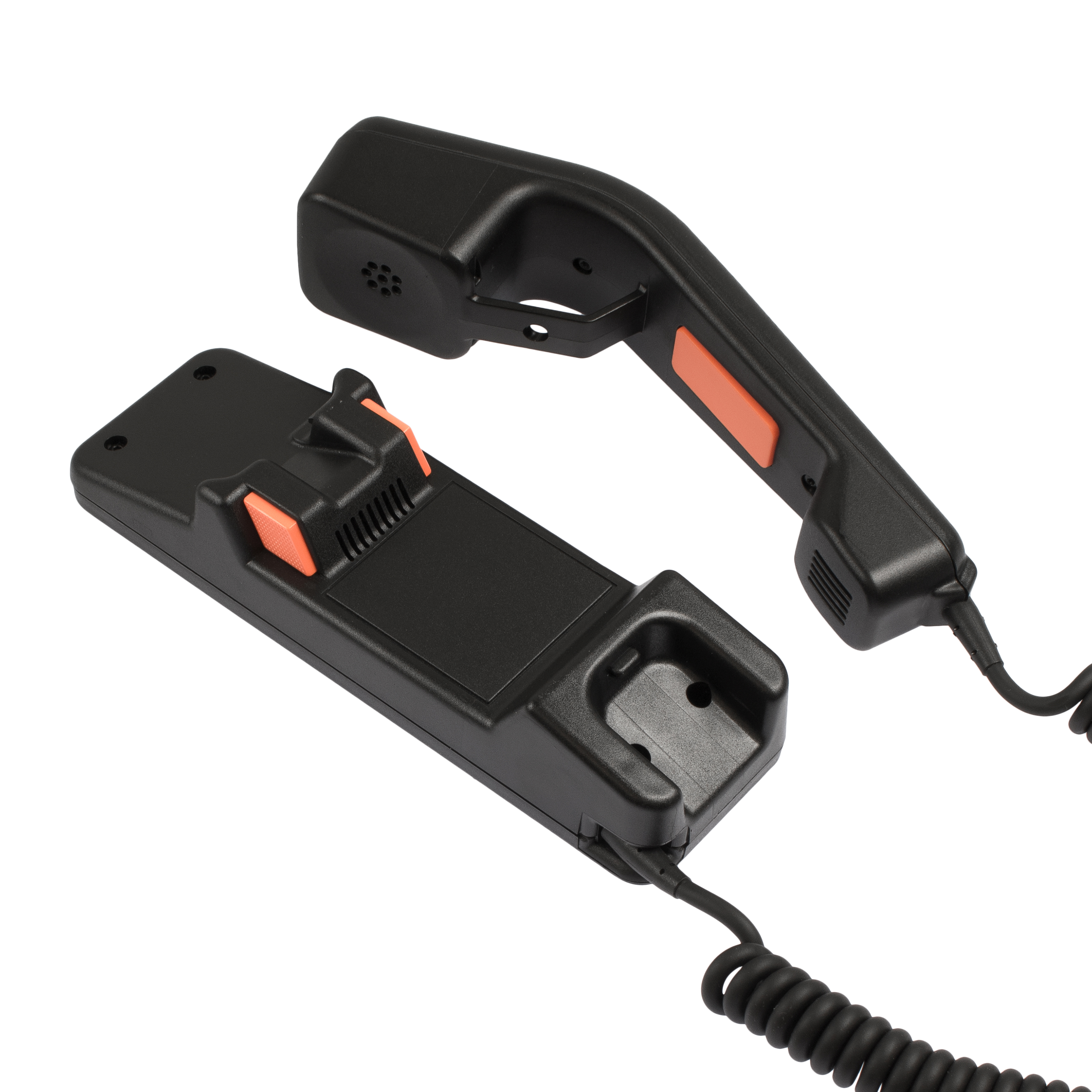 Combiné téléphonique noir avec boutons orange, posé.