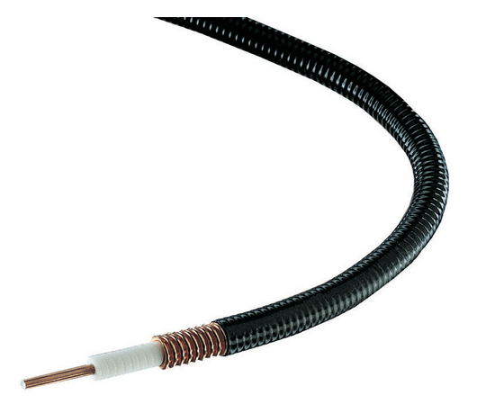 Coaxial cable with black sheath and copper coil.